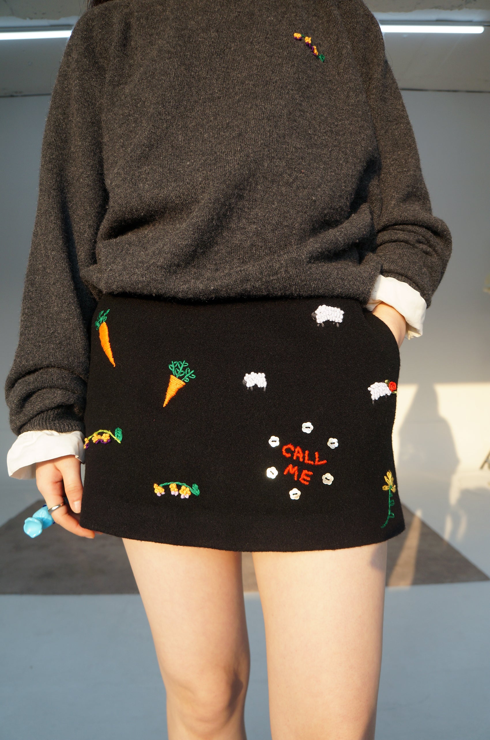 Embroidered Mini Skirt-Black