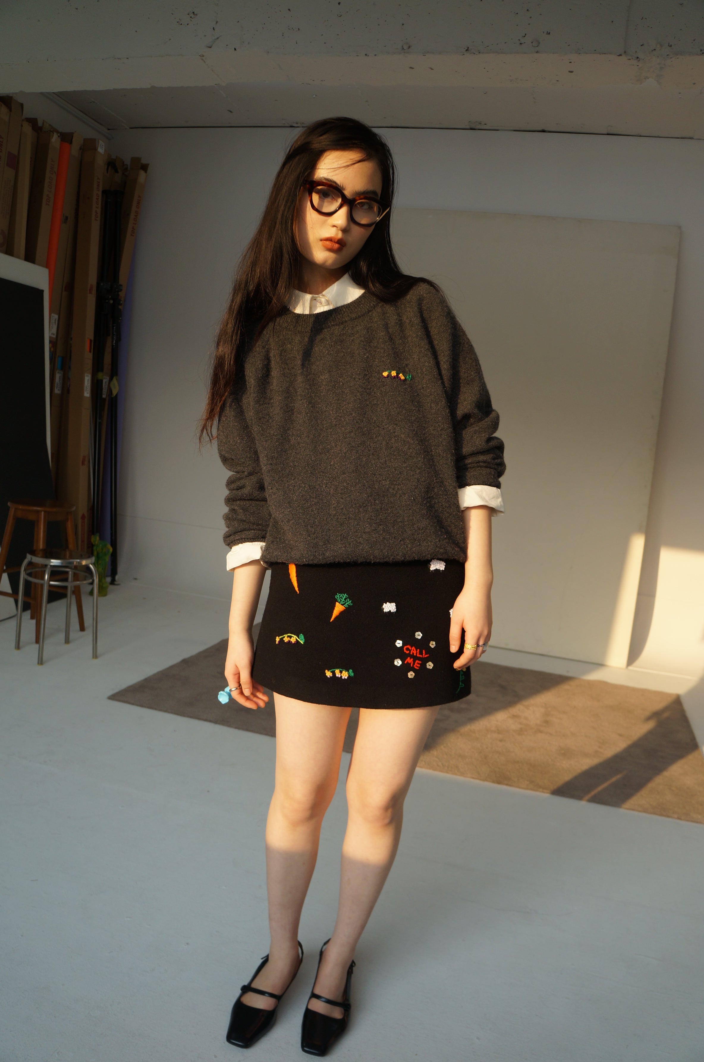 Embroidered Mini Skirt-Black