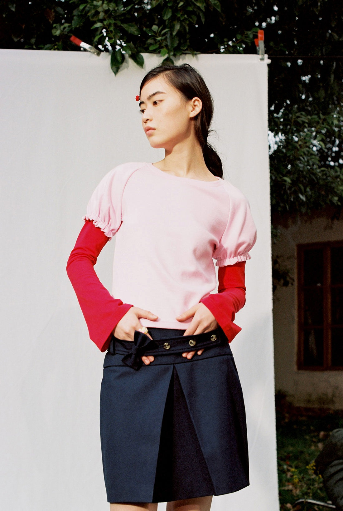 Single Pleat Tailored Skirt-Navy