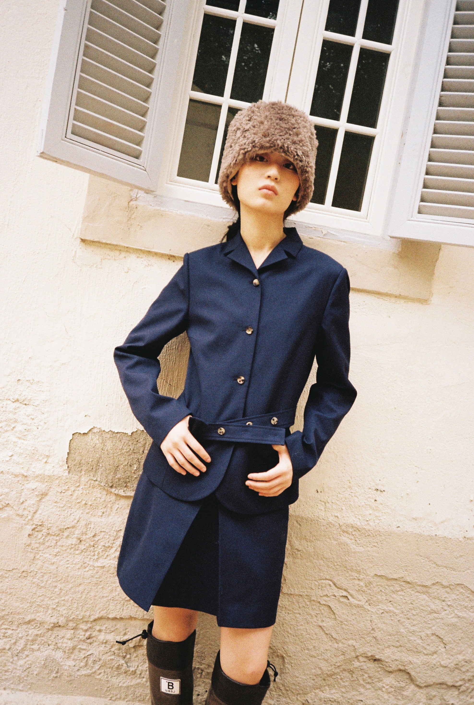 Single Pleat Tailored Skirt-Navy