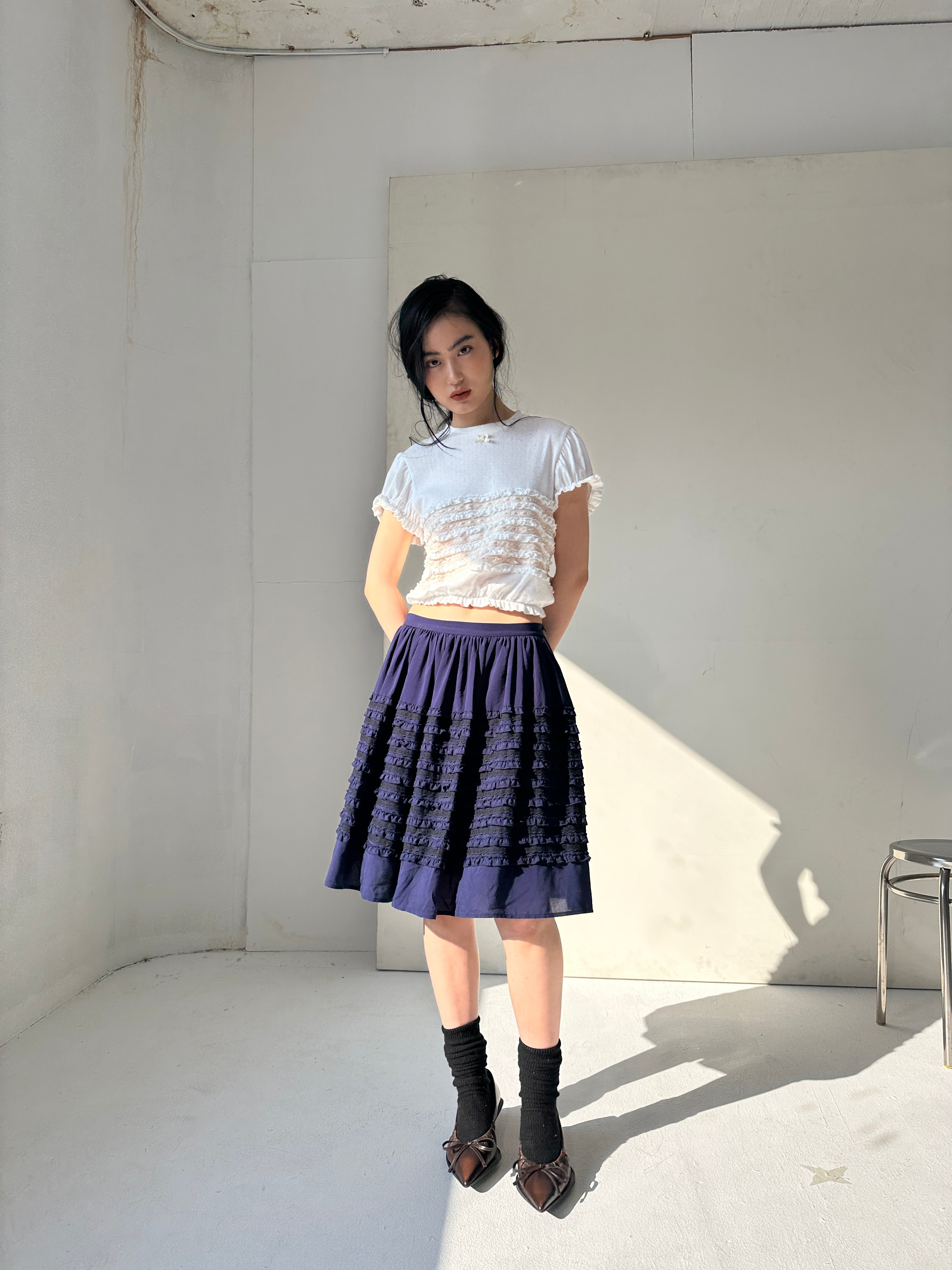Bubble Sleeve Lace Top-White