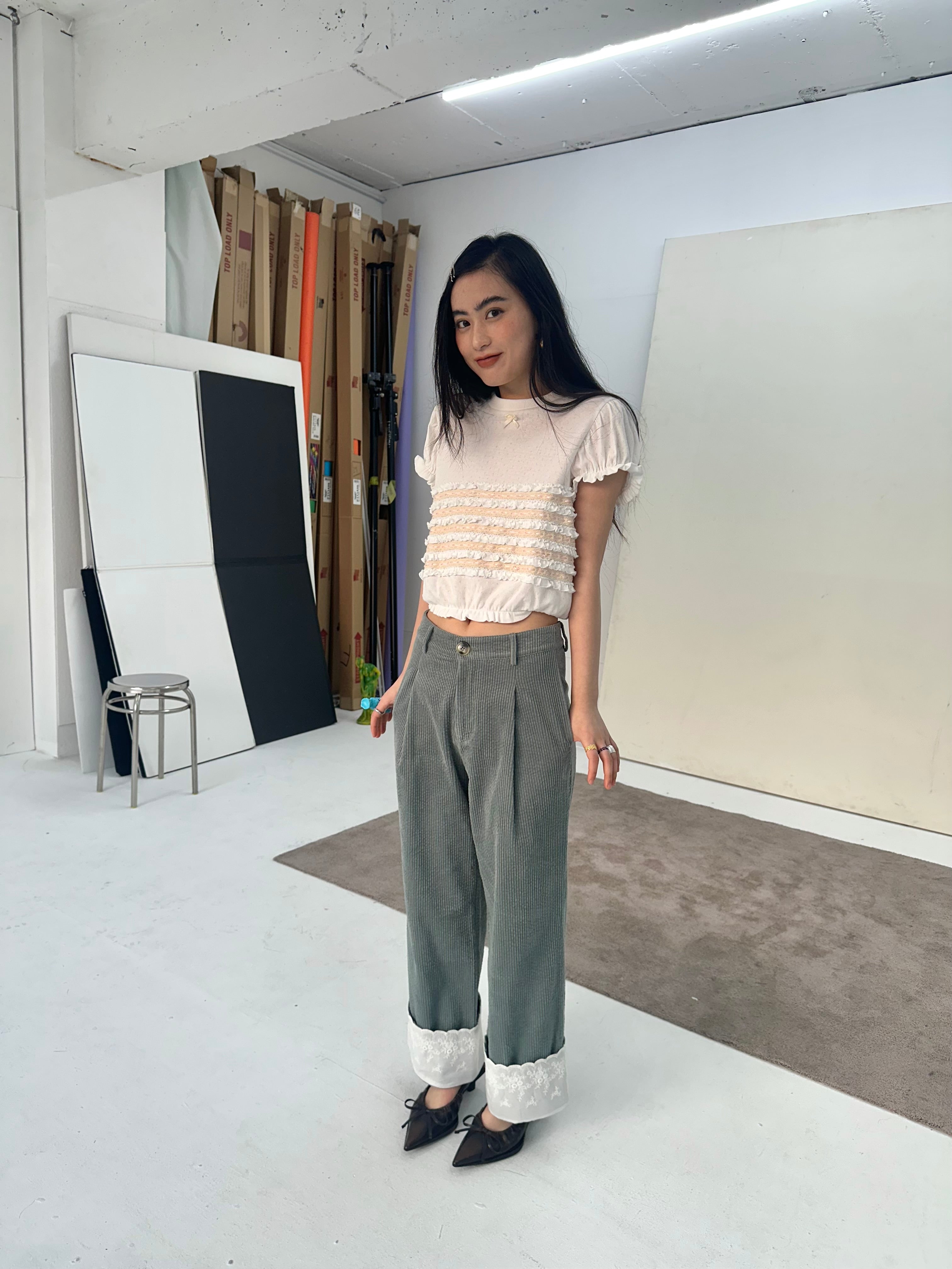 Bubble Sleeve Lace Top-White